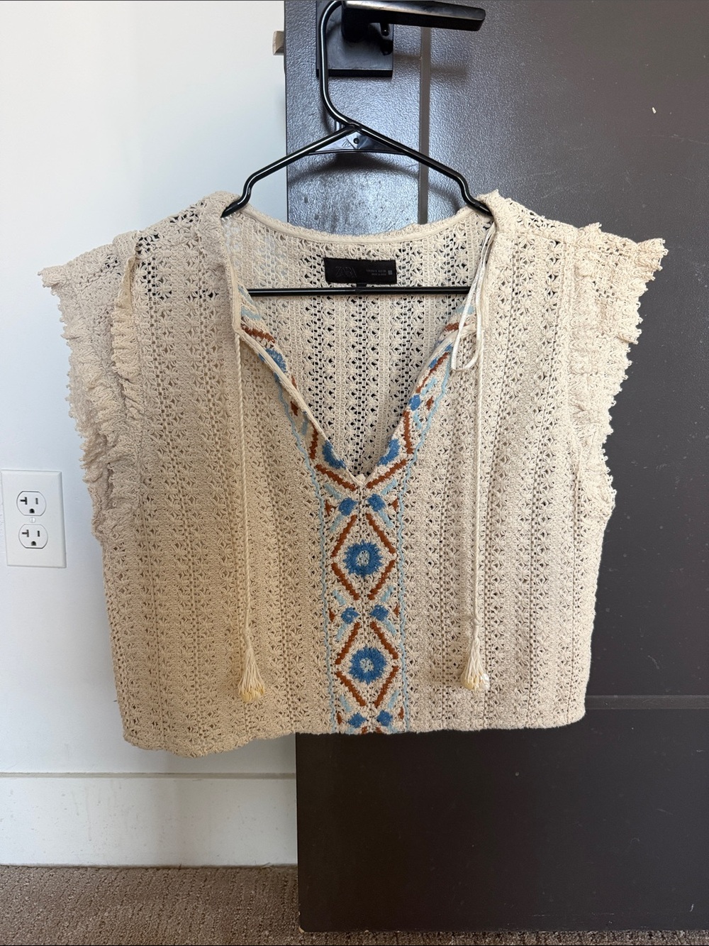 Zara Cream Crochet Tank with Blue & Brown Embroidered V-Panel